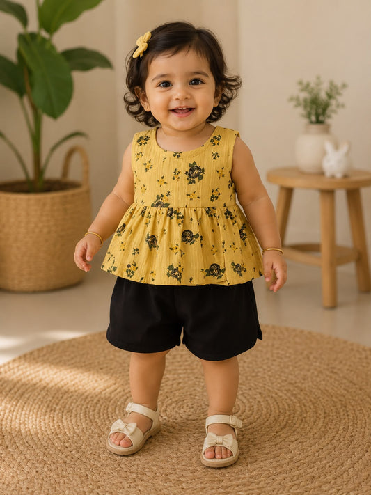 Mustard Floral Peplum Top & Black Shorts Co-ord Set for Girls