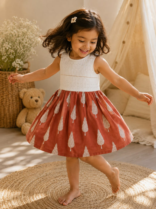 Ivory Embroidered Bodice & Rust Tree Print Cotton Dress for Girls