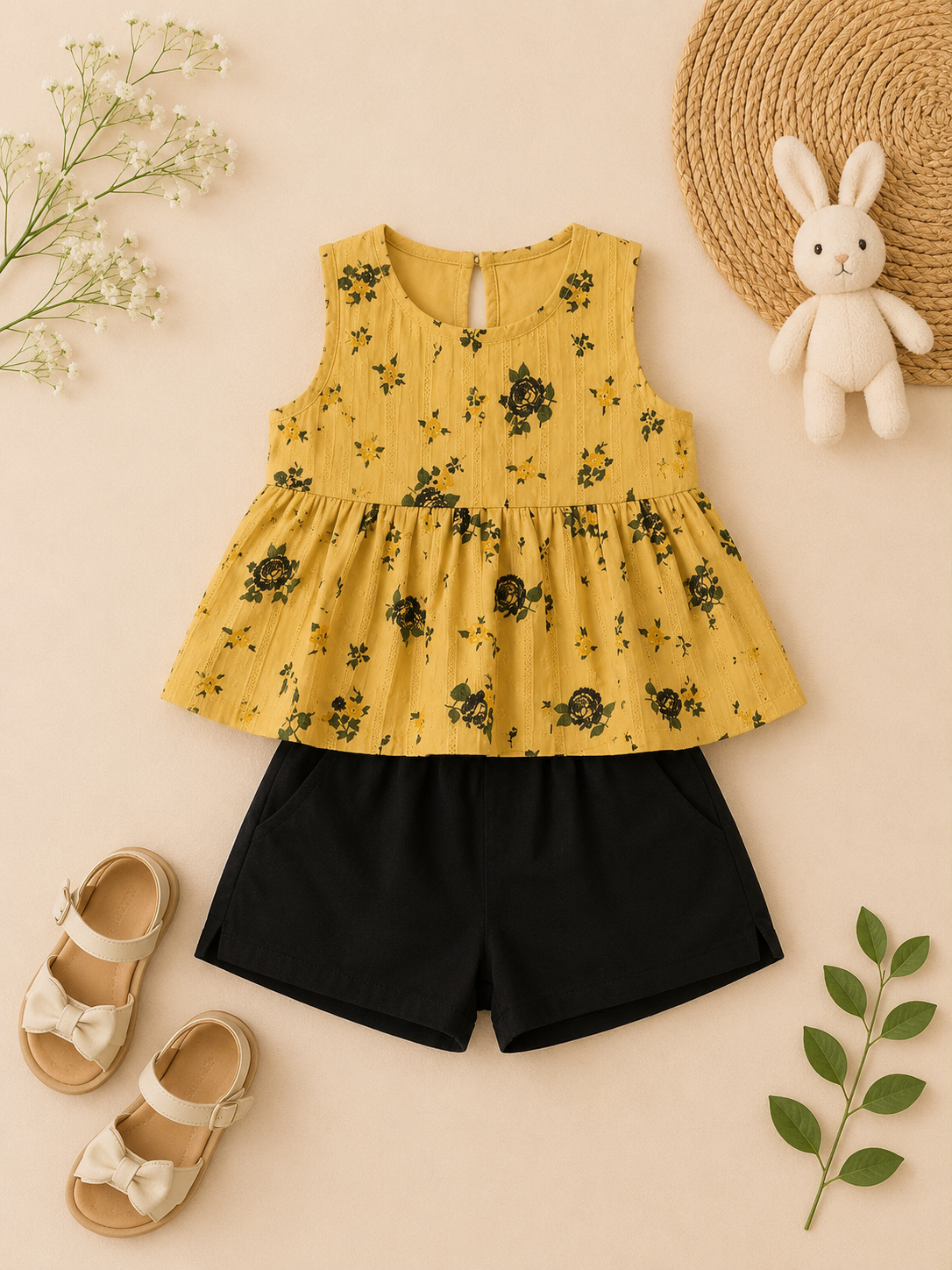 Mustard Floral Peplum Top & Black Shorts Co-ord Set for Girls