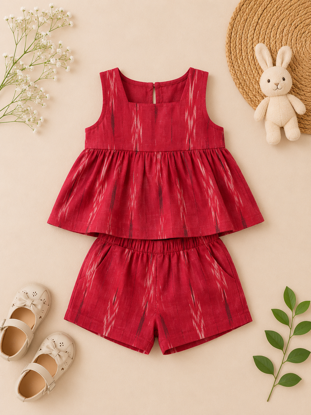 Crimson Ikat Peplum Top & Shorts Co-ord Set for Baby Girls