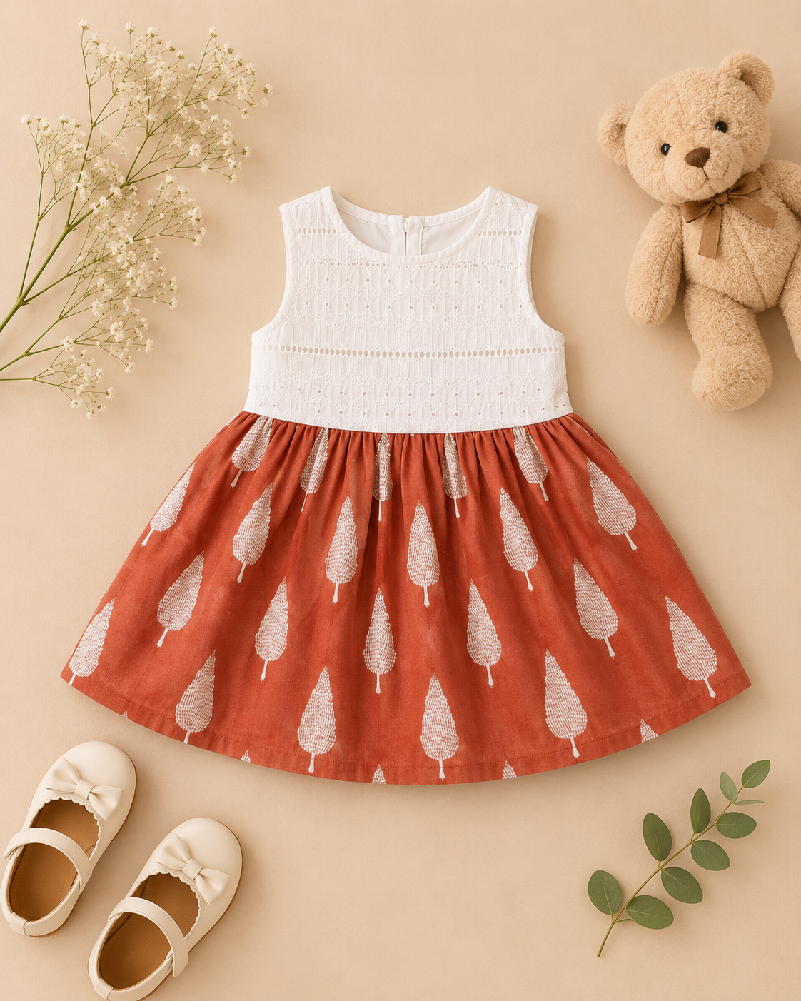 Ivory Embroidered Bodice & Rust Tree Print Cotton Dress for Girls