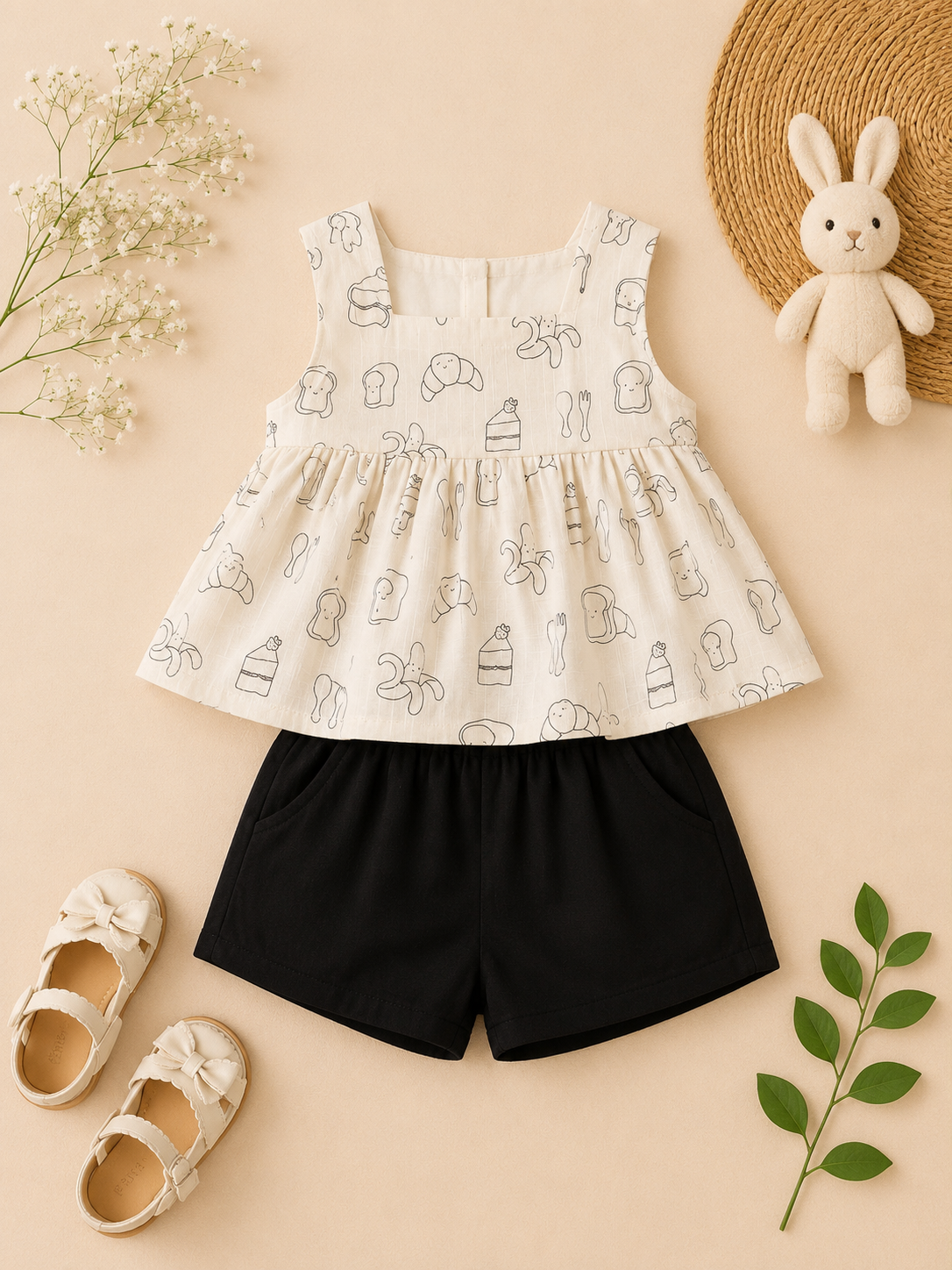 Breakfast Print Cotton Peplum Top & Black Shorts Co-ord Set