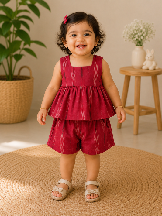 Crimson Ikat Peplum Top & Shorts Co-ord Set for Baby Girls