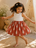 Ivory Embroidered Bodice & Rust Tree Print Cotton Dress for Girls